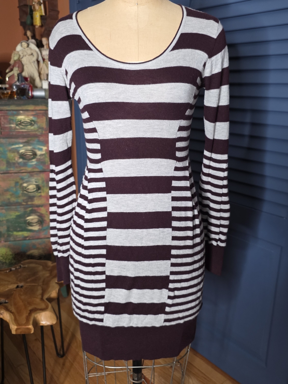 Mint Velvet Women's Burgundy and Light Gray Striped Crew Sweater
